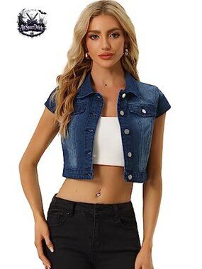 Cropped Denim Jacket Cap Sleeve Jean Jacket Summer Casual